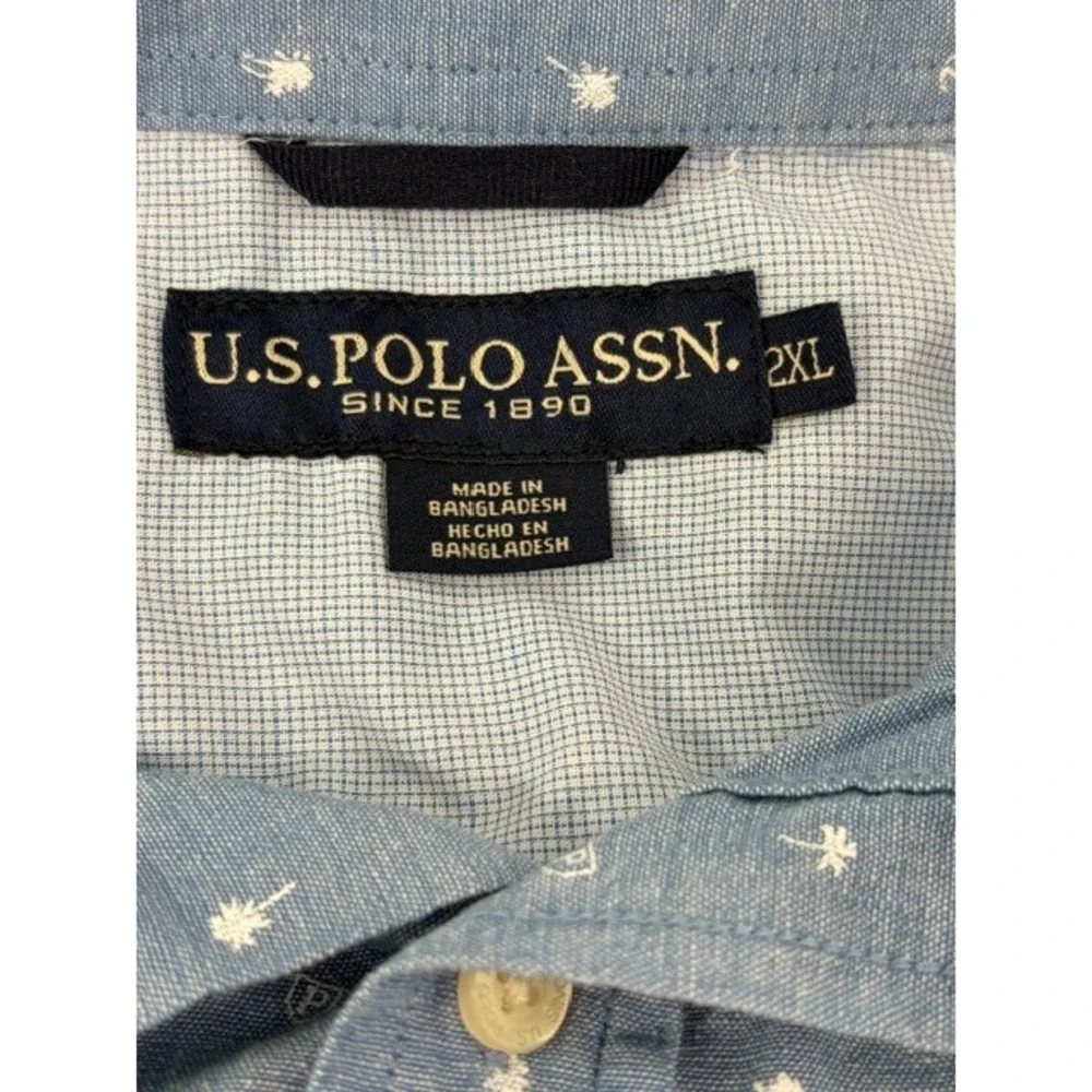 U.S. Polo Assn. Mens 2XL Light Blue Palm Tree Anchor Tropical Summer Woven Shirt